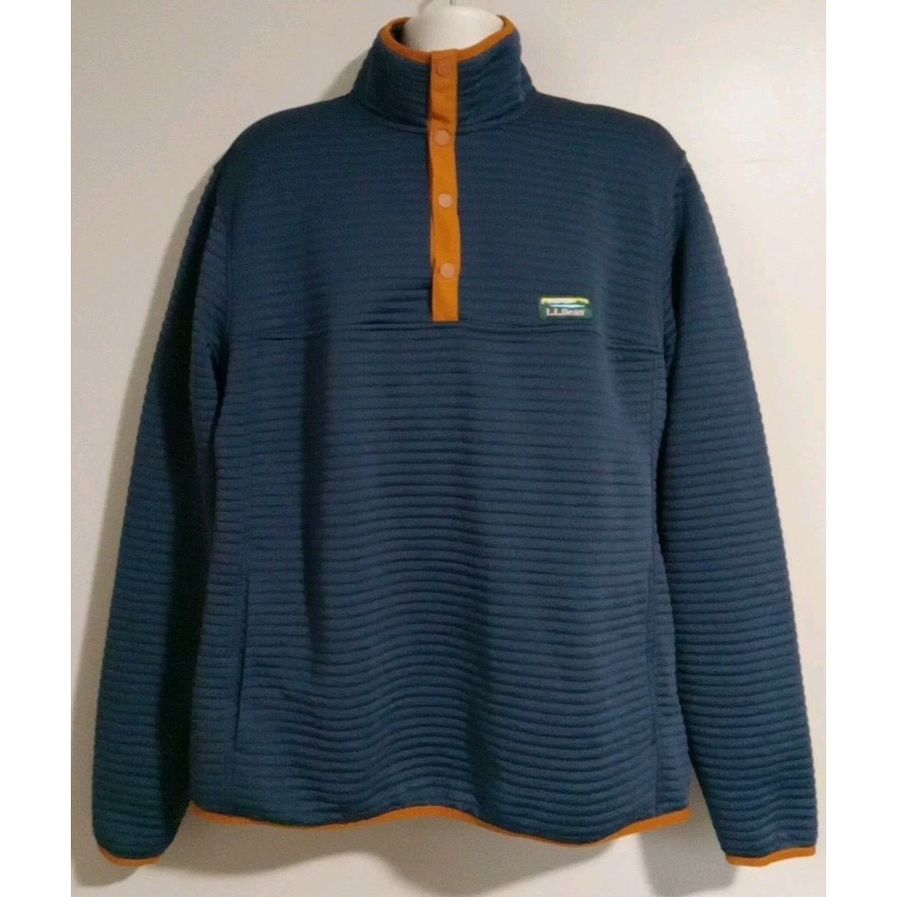 L. L Bean Blue Rust Brown Trim Ribbed Texture 1/4 Button Sweater Size XL Tall